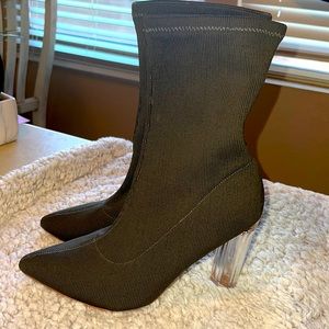 4 inch olive green knit sock fabric ankle boot with transparent heel, size 11 l